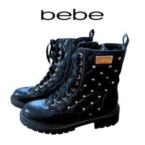 🌟BEBE Women's Y2K Black Dorienne B Studded Quilted Lace Up Combat Boots Size 6
